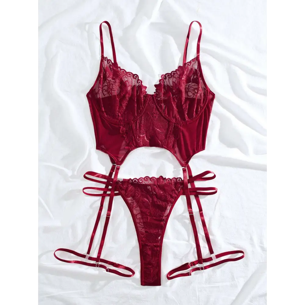 Plus size fat woman underwear red lace two piece suit featuring deep red lace bodysuit and matching thong