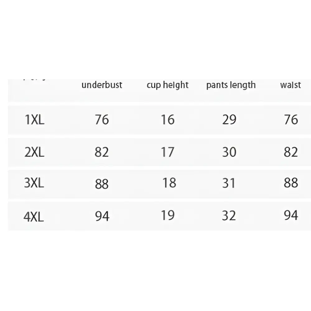 Size chart for plus size fat woman underwear red lace two piece suit showing measurements from 1x to 4xl