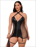 Plus size black faux leather and mesh lingerie bodysuit with central gold zipper for stylish wear