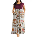 A plus size dress featuring a floral boho ruffle sleeve maxi dress with maroon top and gray floral skirt