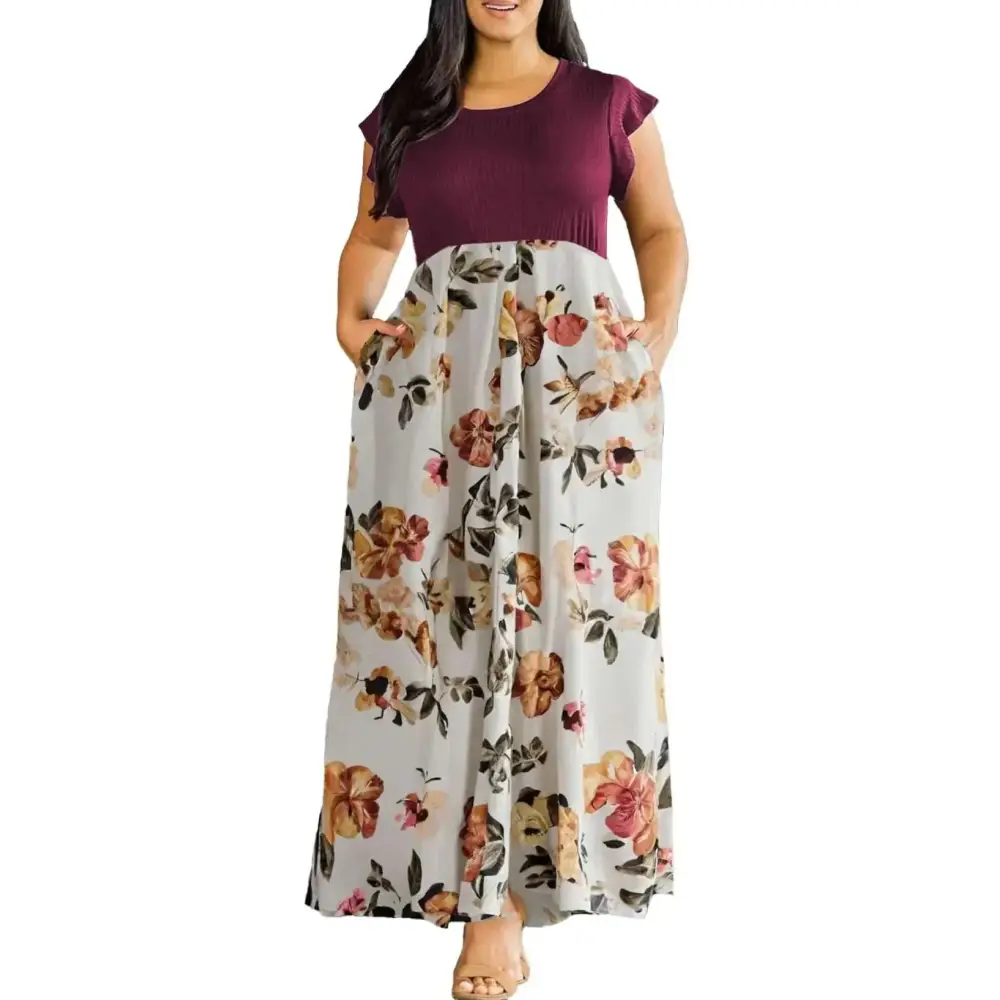 A plus size dress featuring a floral boho ruffle sleeve maxi dress with maroon top and gray floral skirt