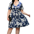 Plus size floral v neck flutter sleeve dress in navy blue and white with short flutter sleeves and floral print