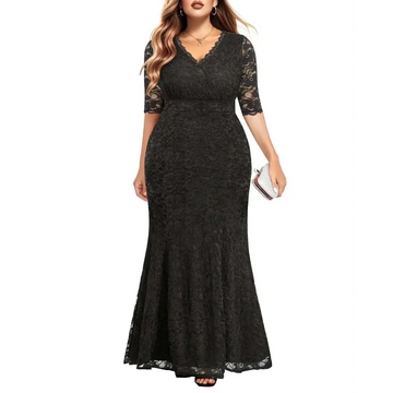Plus size formal black lace mermaid evening gown with three-quarter sleeves and v-neckline in elegant design