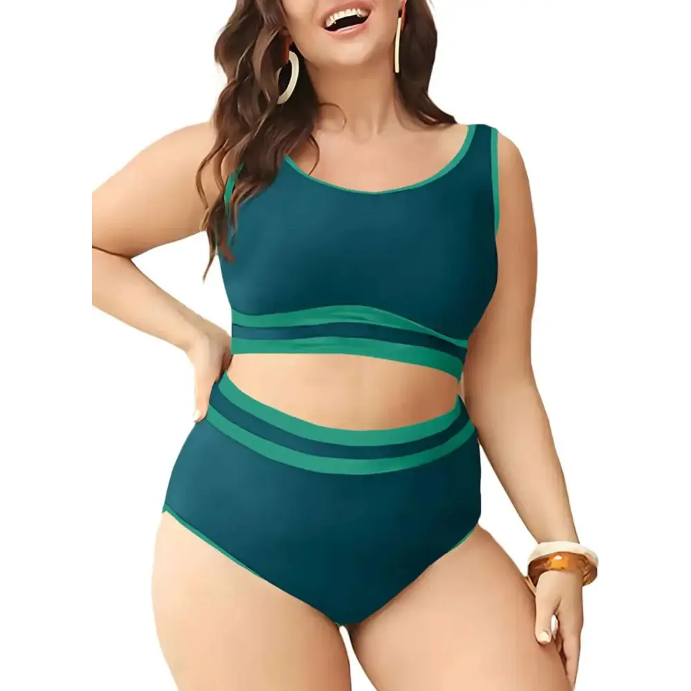 Plus size high waist bikini set in dark green featuring teal and green two-piece swimsuit with striped accents