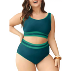 Plus size high waist bikini set in dark green featuring teal and green two-piece swimsuit with striped accents