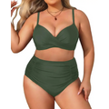 Plus size high waisted army green bikini set with tummy control ruched detailing and thin straps