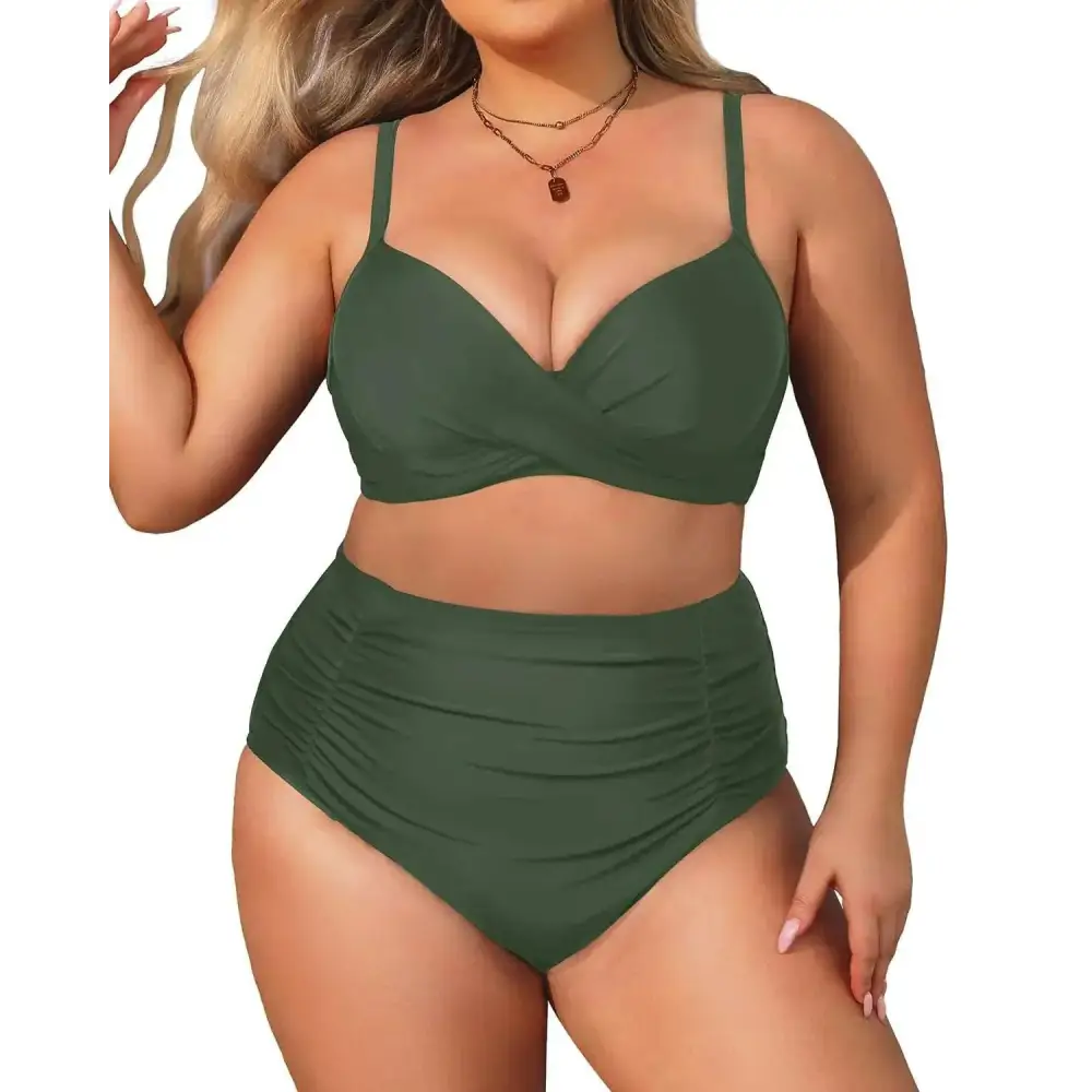 Plus size high waisted army green bikini set with ruched detailing thin straps and tummy control design