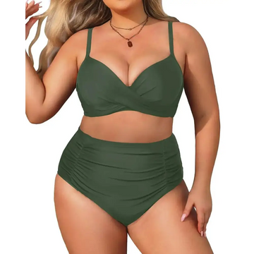 Plus size high waisted army green bikini set with ruched detailing thin straps and tummy control design