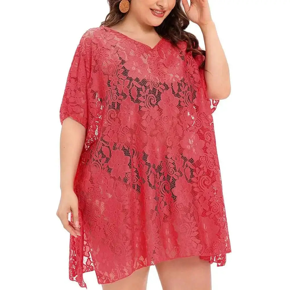 A vibrant coral-red plus size lace swimsuit cover up dress with v-neckline and short flowing sleeves for beachwear