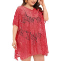 A vibrant coral-red plus size lace swimsuit cover up dress with v-neckline and short flowing sleeves for beachwear