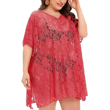 A vibrant coral-red plus size lace swimsuit cover up dress with v-neckline and short flowing sleeves for beachwear