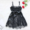 Plus size lace camisole nightgown in black with thin straps and a satin ribbon belt tied in a bow at the waist