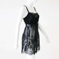 Plus size lace camisole nightgown in black with thin straps and satin ribbon belt for elegant nighttime wear