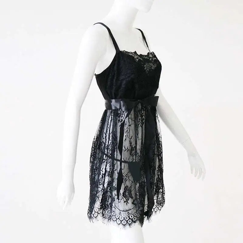 Plus size lace camisole nightgown in black with thin straps and satin ribbon belt for elegant nighttime wear