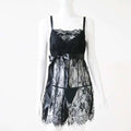 Plus size lace camisole nightgown in black with thin straps and satin ribbon belt for elegant sleepwear
