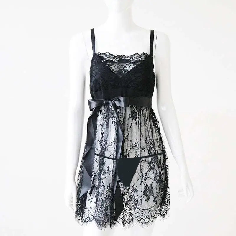 Plus size lace camisole nightgown in black with thin straps and satin ribbon belt for elegant sleepwear