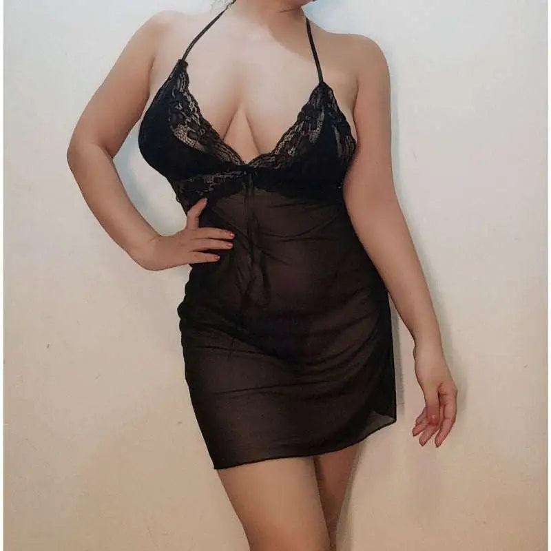 Plus size lace nightgown with black lace trim sheer mesh fabric and halter neckline strappy slip nightdress with matching sheer robe