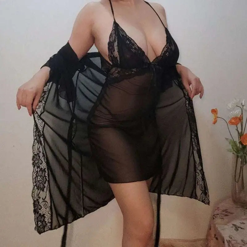 Plus size black lace nightgown with halter neckline sheer fabric and matching tie-back design perfect for intimate wear