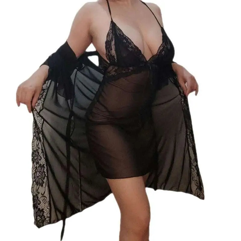 Plus size purple lace nightgown with strappy slip nightdress and matching sheer robe set in delicate lace fabric