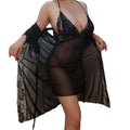 Plus size black lace nightgown with halter neckline and matching sheer robe featuring tie-back design