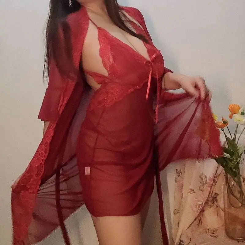 Plus size red lace nightgown with sheer overlay and matching sheer robe for elegant nighttime wear