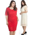 Plus size lace three quarter sleeve dresses in red and cream with midi length and elegant lace material