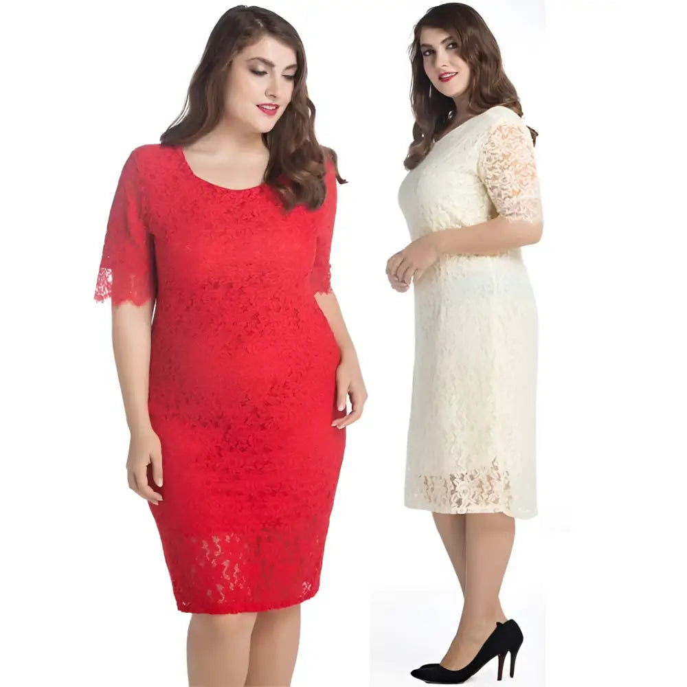 Plus size lace three quarter sleeve dresses in red and cream with midi length and elegant lace material