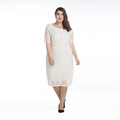 White lace plus size three quarter sleeve dress with fitted silhouette and midi length for elegant occasions