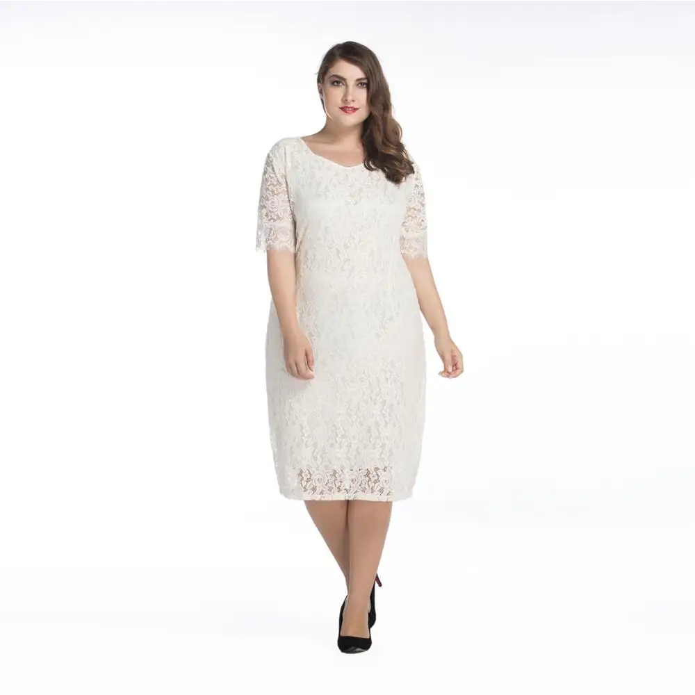 White lace plus size three quarter sleeve dress with fitted silhouette and midi length for elegant occasions