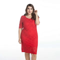 A vibrant red plus size lace midi dress with three quarter sleeves and a fitted silhouette