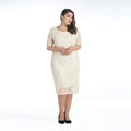 A creamy off-white plus size lace midi quarter sleeve dress with three quarter sleeves and a fitted silhouette