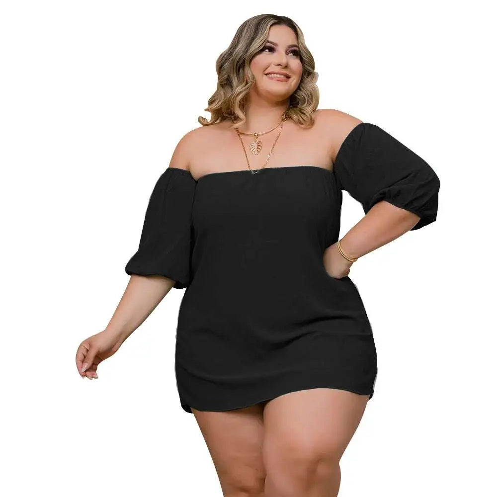 Black off-the-shoulder mini dress with puffed sleeves paired with plus size ladies emerald lace up two piece set