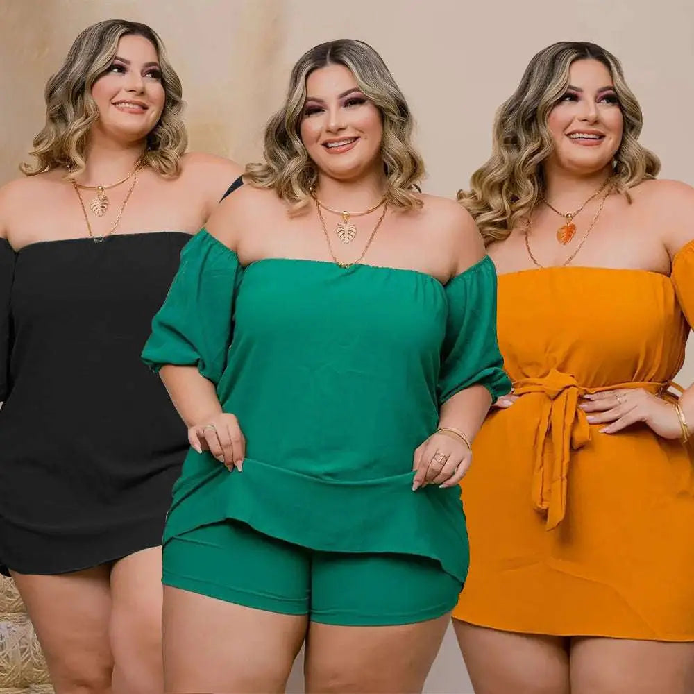 Plus size ladies emerald lace up two piece set featuring off the shoulder top and comfort stretch tiered shorts