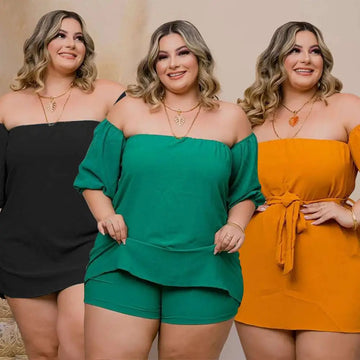 Plus size ladies emerald lace up two piece set featuring off the shoulder top and comfort stretch tiered shorts