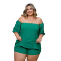 Plus size ladies emerald lace up two piece set with off-the-shoulder top and comfort stretch layered shorts