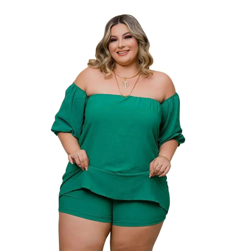 Plus size ladies emerald lace up two piece set with off-the-shoulder top and comfort stretch layered shorts