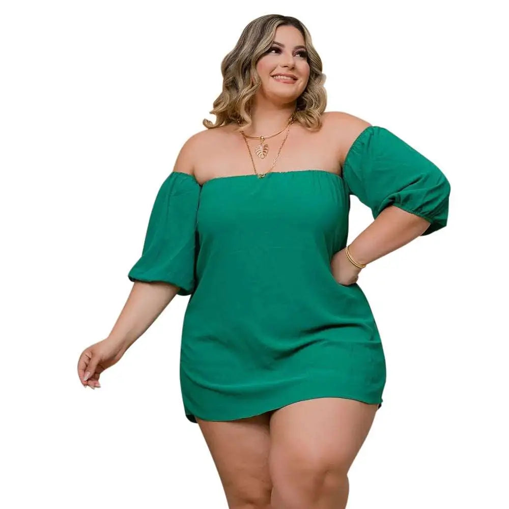 Plus size ladies emerald lace two piece set featuring a vibrant emerald green off the shoulder mini dress with puffed sleeves