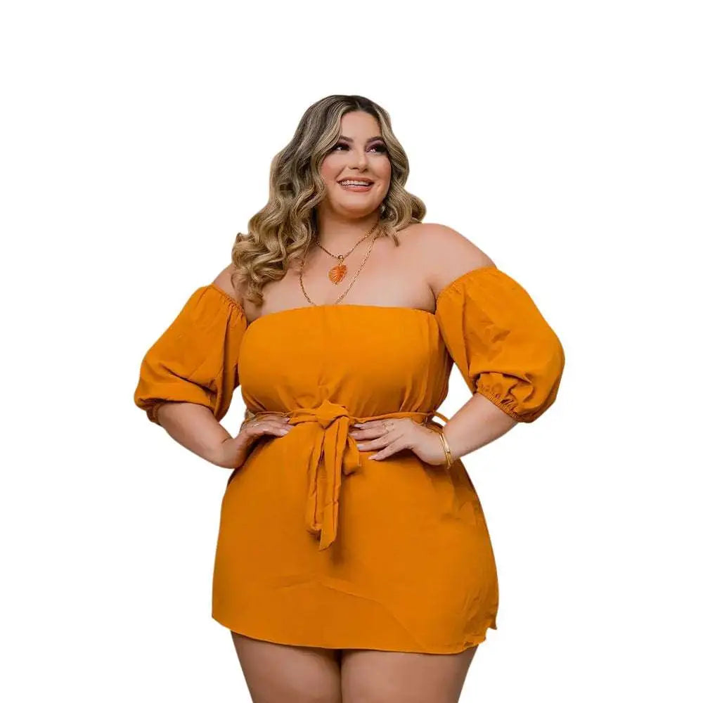 Plus size ladies vibrant orange off-the-shoulder mini dress with puffed sleeves and tied waistband for comfortable style