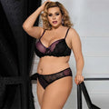 Plus size ladies sexy lingerie lace set featuring black lace bra and thong with sheer purple mesh panels