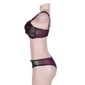 Plus size ladies sexy lingerie lace set in purple featuring a lace bra and matching thong for elegant intimate wear
