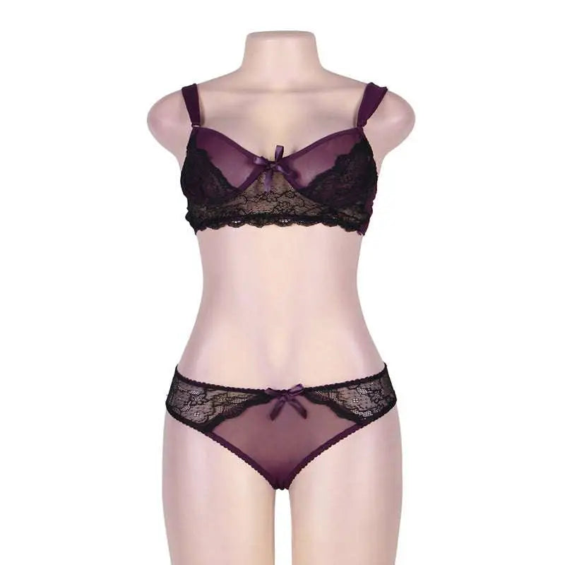 Plus size ladies sexy lingerie lace set featuring purple and black lace with sheer mesh panels and matching bows