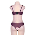 Plus size ladies sexy lingerie lace set featuring purple sheer mesh bra and matching panties with black lace trim