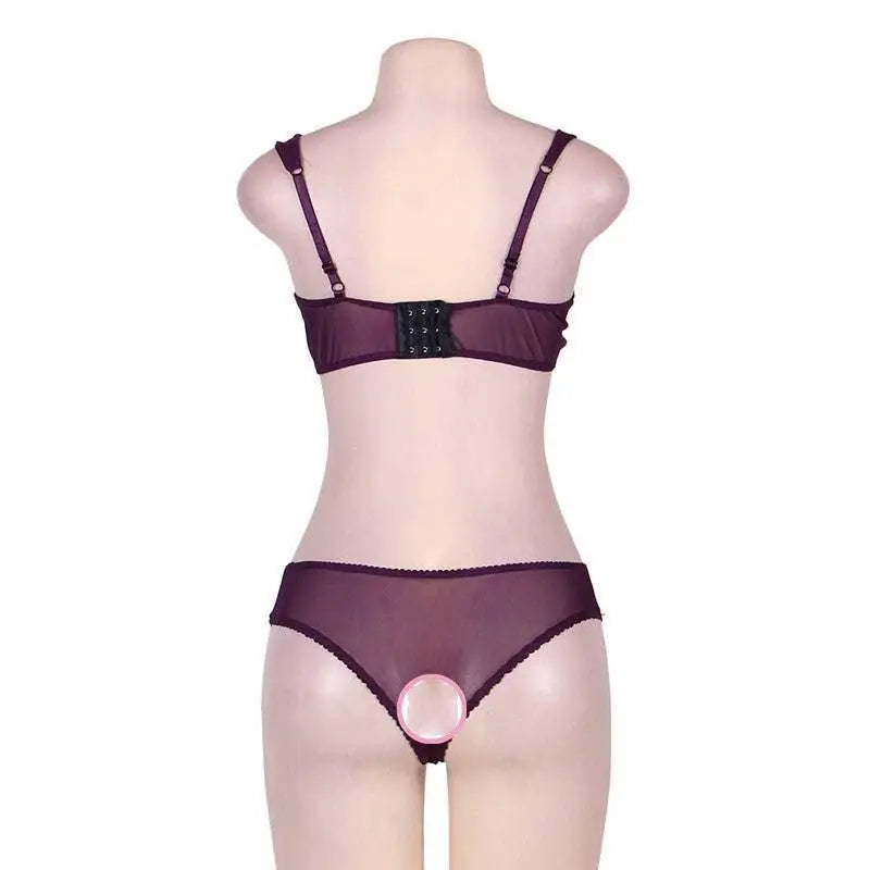 Plus size ladies sexy lingerie lace set featuring purple sheer mesh bra and matching panties with black lace trim
