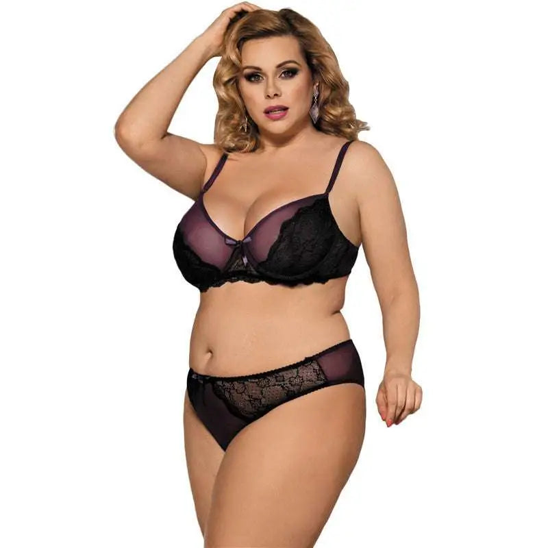Plus size ladies sexy lingerie lace set featuring black lace with sheer purple mesh panels and delicate floral embroidery