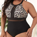 Plus size leopard print mesh one piece swimsuit with black and white pattern sheer mesh panel and halter neckline