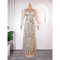 Elegant plus size long sleeve sequined evening dress in champagne satin with intricate silver beading and puffed sleeves