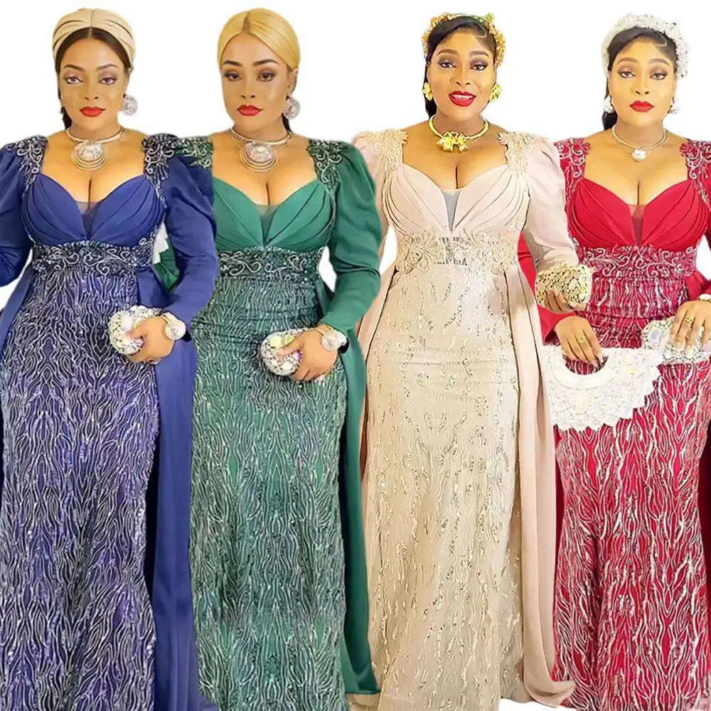 Four women wearing plus size long sleeve sequined evening dresses in vibrant red with intricate beaded patterns