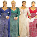 Four women wearing plus size long sleeve sequined evening dresses in vibrant red with intricate beaded patterns