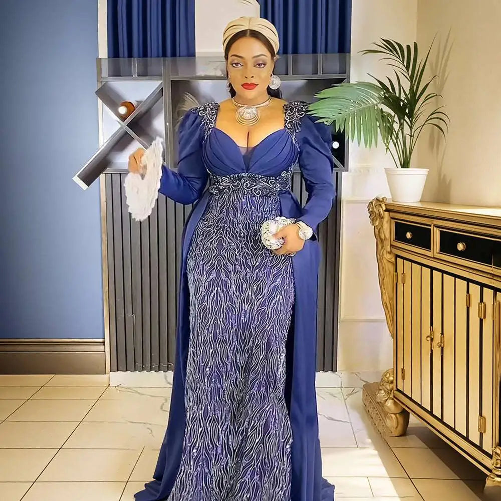 Four women wearing plus size long sleeve sequined evening dresses in vibrant red with intricate beaded patterns