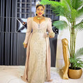 Beige plus size long sleeve sequined evening dress with lace material and flowing cape for formal occasions